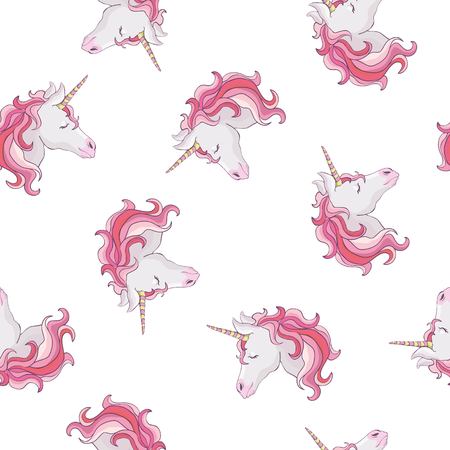 Unicorn seamless pattern. Unicorns with rainbow mane and horn on flat purple background with stars. Vector illustration.の写真素材