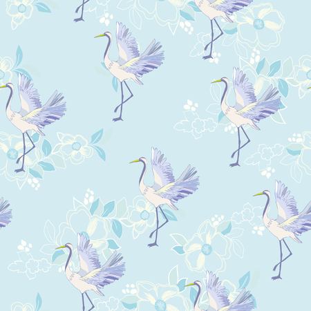 crane, pattern, vector illustration flying bird flowerのイラスト素材