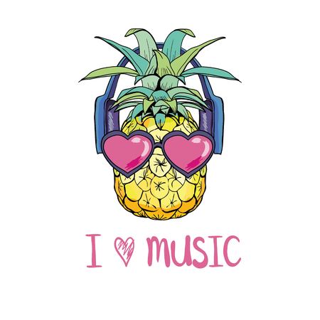 Pineapple with sunglases and headphones. Vector illustration.のイラスト素材