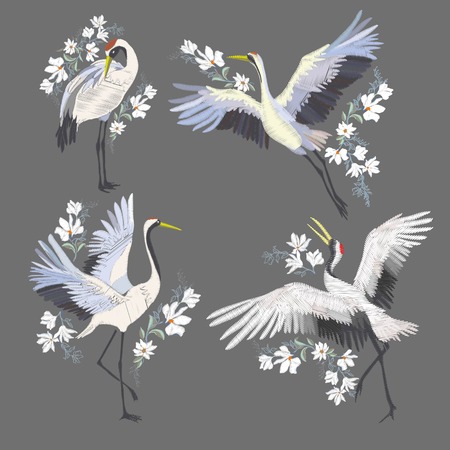 Embroidery with crane bird. Fashion decoration. Design element Vectorのイラスト素材