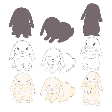 rabbit silhouette and sketch, vector, illustration bunny blackのイラスト素材