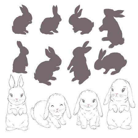rabbit silhouette and sketch, vector, illustration bunny blackのイラスト素材