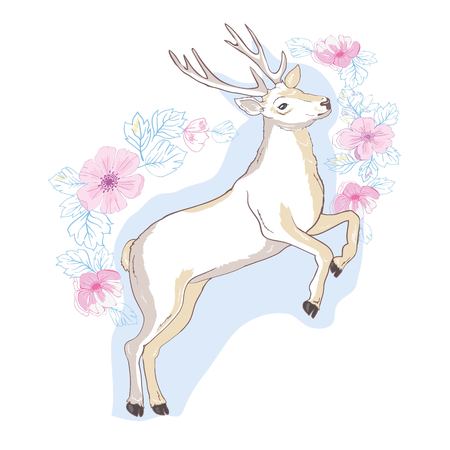 isolated deer, vector, illustration , big antlers flowers on the hornsのイラスト素材
