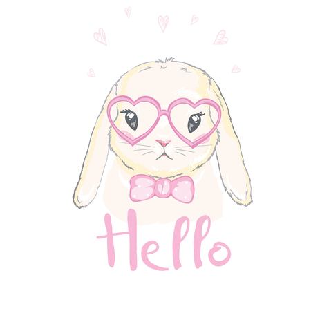 cute rabbit sketch vector illustration, children print on t-shirt, hand drawn bunny with glassesのイラスト素材