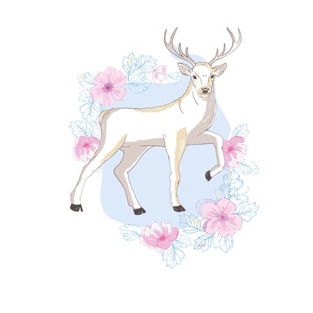 isolated deer, vector, illustration , big antlers flowers on the hornsのイラスト素材