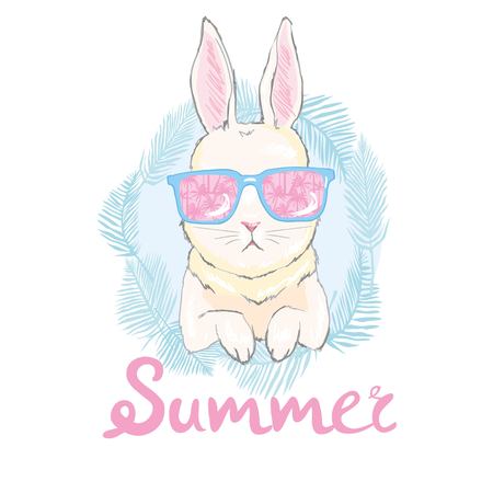 cute rabbit sketch vector illustration, children print on t-shirt, hand drawn bunny with glassesのイラスト素材