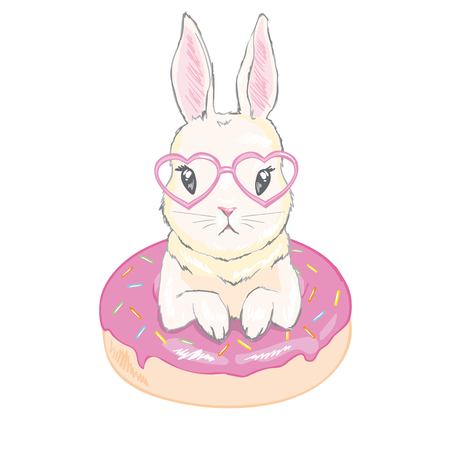 Cute little bunny with donut balloons. Vector hand drawn illustration.のイラスト素材