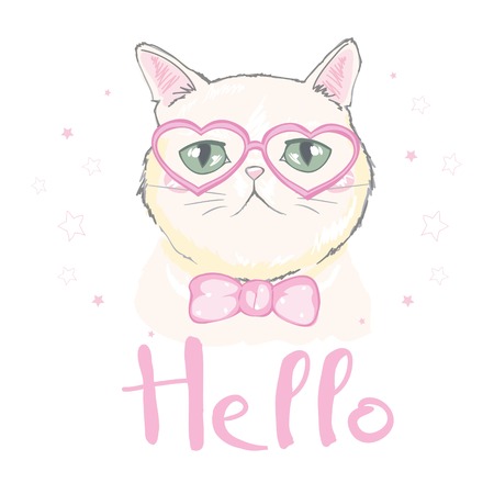 ute cat with glasses design. Kids illustrations for school books and more.のイラスト素材