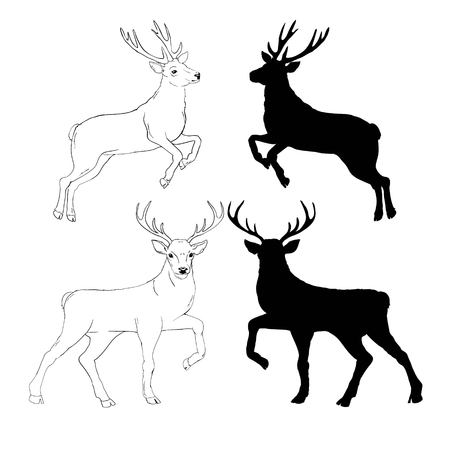 deer silhouette and sketch, vector, illustration, animals, set on white background, animals imageのイラスト素材
