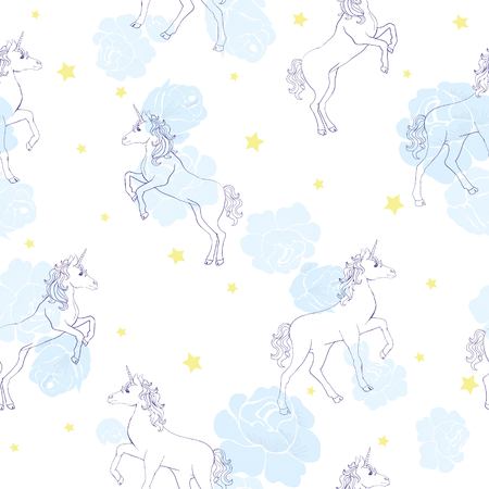 Unicorn seamless pattern. Unicorns with rainbow mane and horn on flat purple background with stars. Vector illustration.のイラスト素材