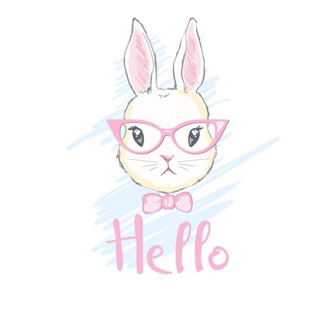 cute rabbit sketch vector illustration, children print on t-shirt, hand drawn bunny with glassesのイラスト素材