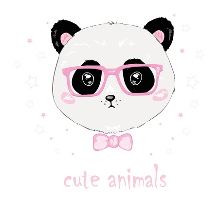 Panda with glasses vector illustration, cute Panda head isolated on white backgroundのイラスト素材