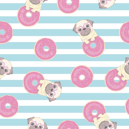 Pink seamless pattern with funny pug and donut.のイラスト素材