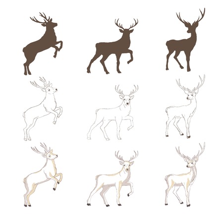 deer silhouette and sketch, vector, illustration, animals, set on white background, animals imageのイラスト素材