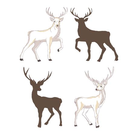 deer silhouette and sketch, vector, illustration, animals, set on white background, animals imageのイラスト素材