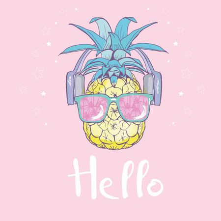 pineapple with glasses tropical, vector, illustration, design, exotic, food, fruitのイラスト素材