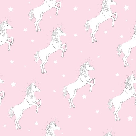 Unicorn seamless pattern. Unicorns with rainbow mane and horn on flat purple background with stars. Vector illustration.のイラスト素材
