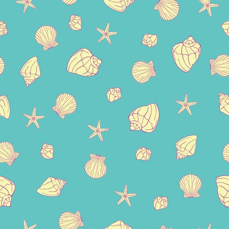 Hand drawn vector illustrations - seamless pattern of seashells. Marine background.のイラスト素材