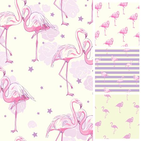 Cute set of Pink Flamingo tropical vibes seamless patterns. Vector illustration.のイラスト素材