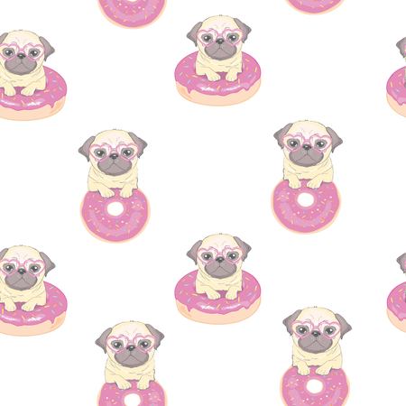 Pink seamless pattern with funny pug and donut.のイラスト素材