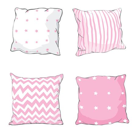 Vector cartoon decorative pillows. Hand drawn set of decorative pillows. Doodle illustrationのイラスト素材