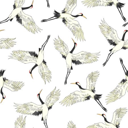 crane, pattern, vector illustration flying bird flowerのイラスト素材
