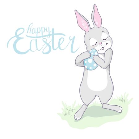 Cartoon little bunny holding Easter eggのイラスト素材