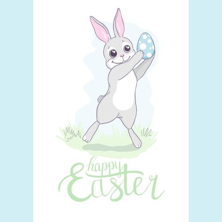 Cartoon little bunny holding Easter eggのイラスト素材