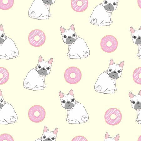 Pink seamless pattern with funny pug and donut.のイラスト素材