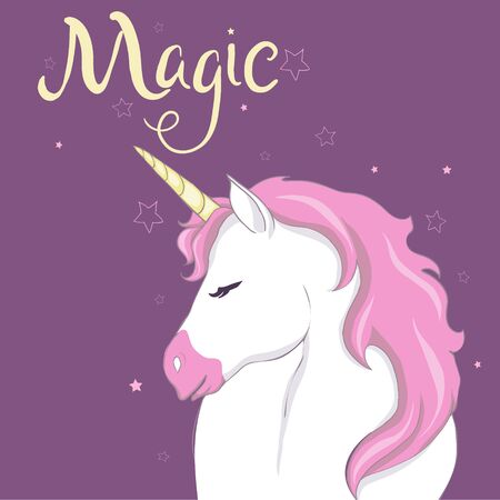 Cute vector unicorn. Magic character with pink mane.のイラスト素材
