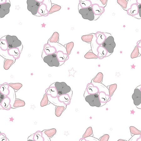 Dog French bulldog with glasses seamless patternのイラスト素材