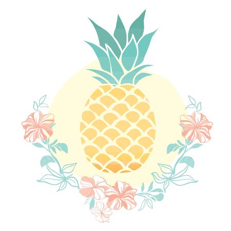 Vector of pineapple, purple hibiscus flower, isolated object on white backgroundのイラスト素材