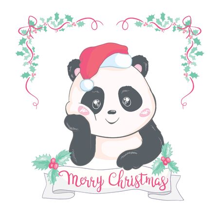 Cute Christmas cartoon panda bear character in Santa's hat with pompon vector image isolated on white. Funny bearcat Merry Christmasのイラスト素材