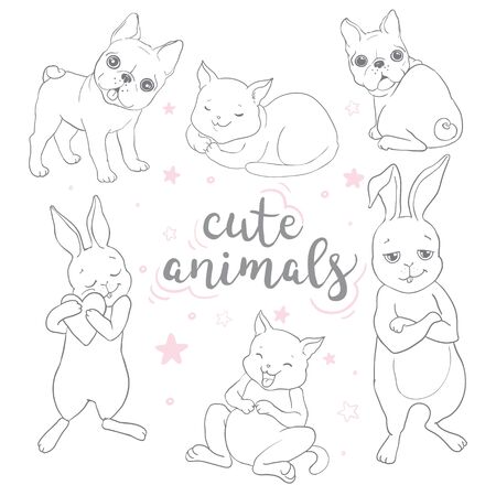 Postcard with happy dogs and happy cats and rabbits . Vector backgroundのイラスト素材
