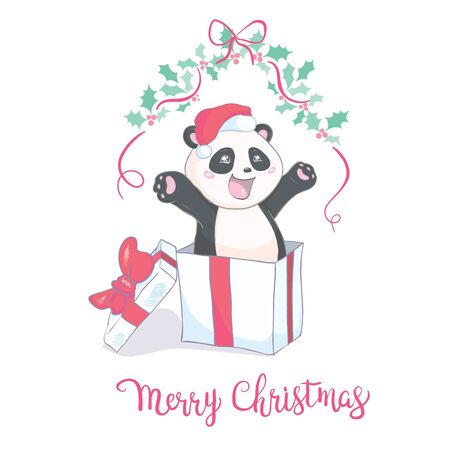 Cute Christmas cartoon panda bear character in Santa's hat with pompon vector image isolated on white. Funny bearcat Merry Christmasのイラスト素材