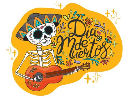 Vector hand drawn illustration of Mexican holiday "Day of the Dead". The postcard with lettering "Dia de Muertos"のイラスト素材