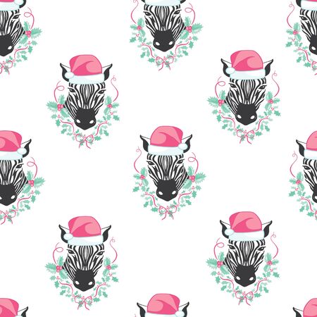 Pattern zebra in Santa Claus hat ,vector new year illustrationのイラスト素材