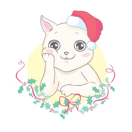 Funny cat in a Christmas hat and scarf. Vector illustration for card or poster, print on clothes. New Year's and Christmas.のイラスト素材