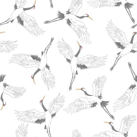 Seamless background, with Oriental motifs, cranes are flying, pattern vector illustration bird flower. Vector illustration.のイラスト素材