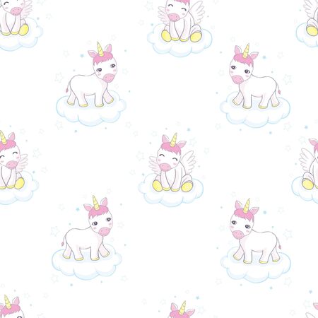 Vector pattern with cute unicorns, clouds and stars. Magic background with little unicorns.のイラスト素材