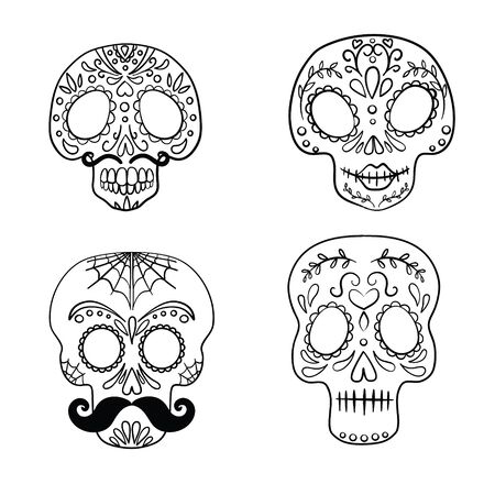 Black and white Mexican sugar skull coloring page line art setのイラスト素材