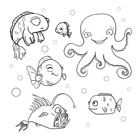 Ocean bottom. Coloring book page in doodle stile. Marine inhabitants, hand draw sketch.