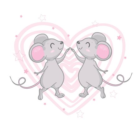 Two cute vector mice with and heart greeting card. Cartoon funny animalのイラスト素材