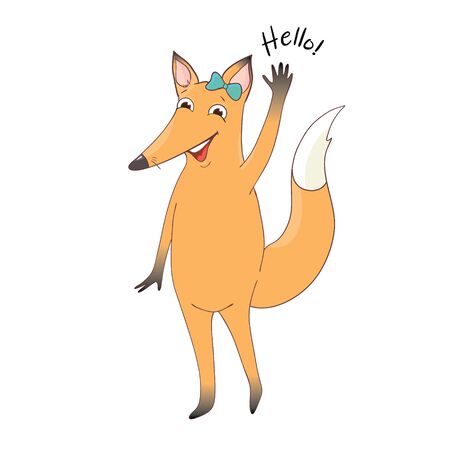 Vector illustration of cute fox and text "Hello". Childish background with smiling cartoon character.のイラスト素材