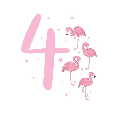 Four Exotic birds. Set of different poses flamingos. Colorful flamingoのイラスト素材