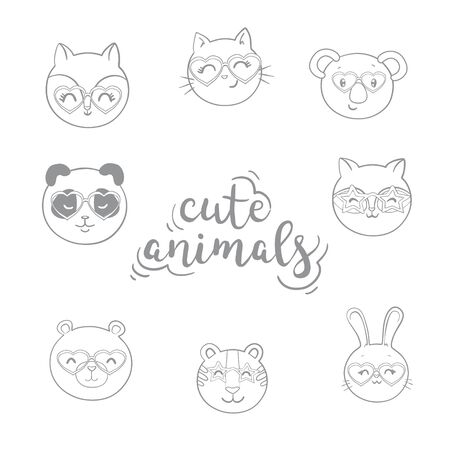 Set of cute animals face in funny glasses and with decorative elements. Vector illustrationのイラスト素材
