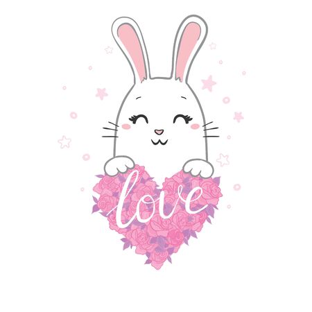 Valentines Day bunny rabbit with pink heart isolated on white backgroundのイラスト素材