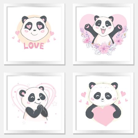 Panda set illustration, cute hand drawn cards, brochures, invitationsのイラスト素材