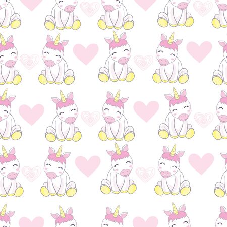 Vector pattern with cute unicorns, clouds and stars. Magic background with little unicorns.のイラスト素材