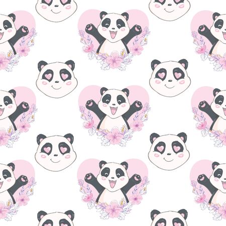 Seamless pattern with cute hand drawn panda' heads. Animal tiling background.のイラスト素材